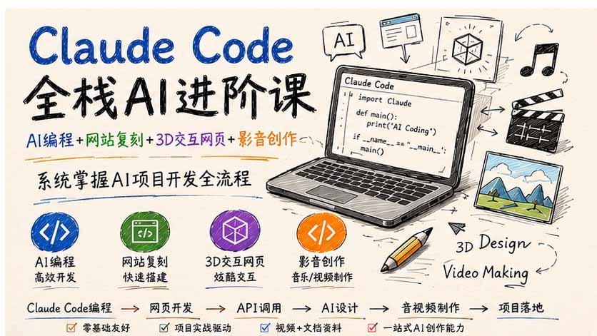 Claude Code全栈AI进阶课；AI编程+网站复刻+3D交互网页+影音创作，系统掌握AI项目开发全流程-精品虚拟资源库