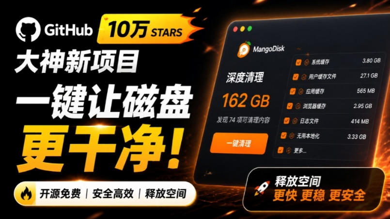 在Gtihub上做出10万stars的大神，又发布新项目了！一键让磁盘更干净，开源免费清理工具MangoDisk-精品虚拟资源库