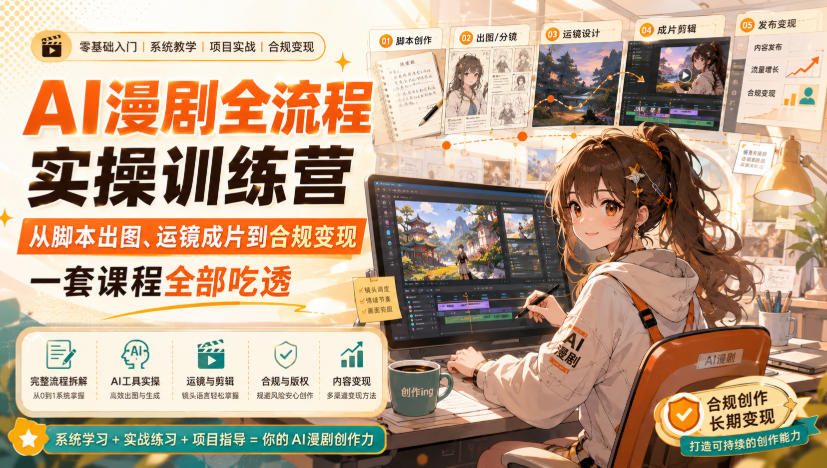 AI漫剧全流程实操训练营，从脚本出图、运镜成片到合规变现，一套课程全部吃透-精品虚拟资源库