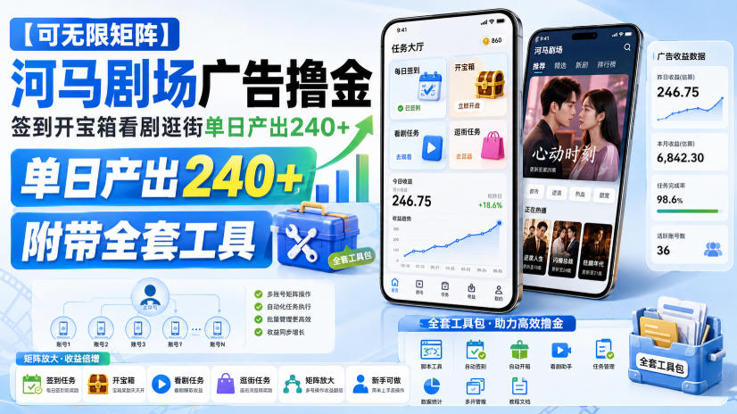【可无限矩阵】河马剧场广告撸金，签到开宝箱看剧逛街单日产出240+，附带全套工具【揭秘】-精品虚拟资源库