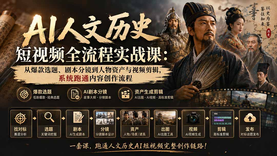 AI人文历史短视频全流程实战课：从爆款选题、剧本分镜到人物资产与视频剪辑，系统跑通内容创作流程-精品虚拟资源库