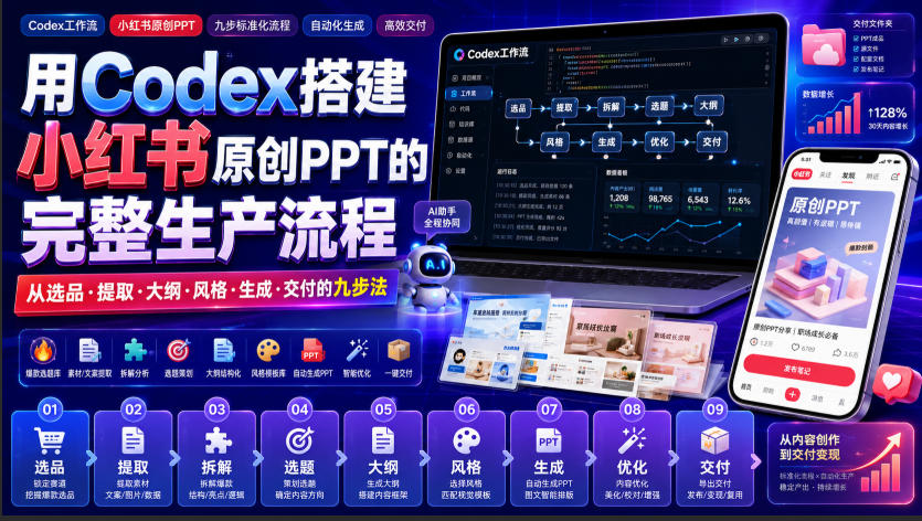 用Codex搭建小红书原创PPT的完整生产流程，从选品·提取·大纲·风格·生成·交付的九步法-精品虚拟资源库