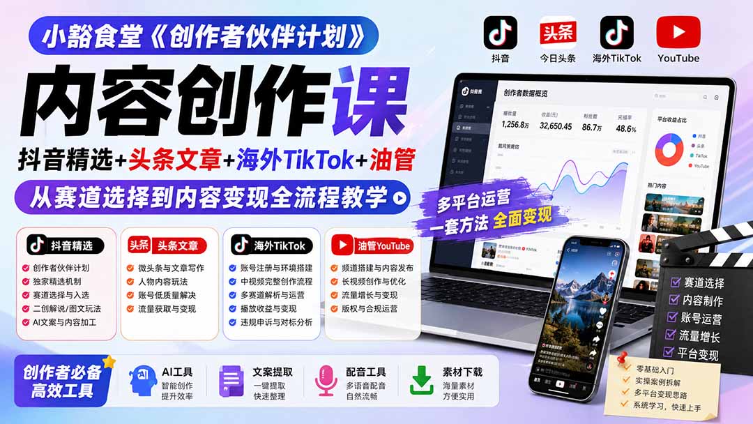 小豁食堂《创作者伙伴计划》内容创作课：抖音精选+头条文章+海外TikTok+油管，从赛道选择到内容变现全流程教学-精品虚拟资源库