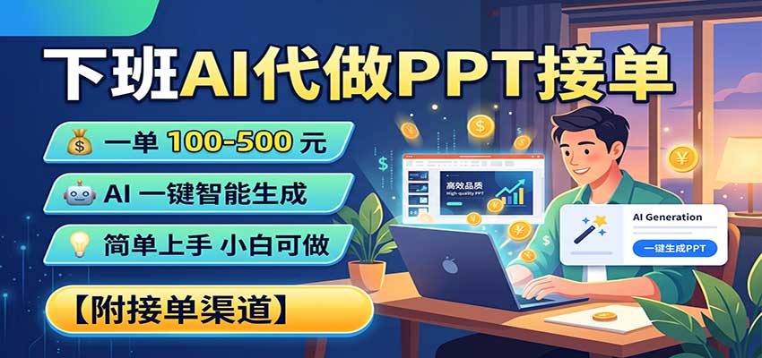 下班AI代做PPT接单，一单100-500，AI一键生成，小白也能做，附接单渠道-精品虚拟资源库