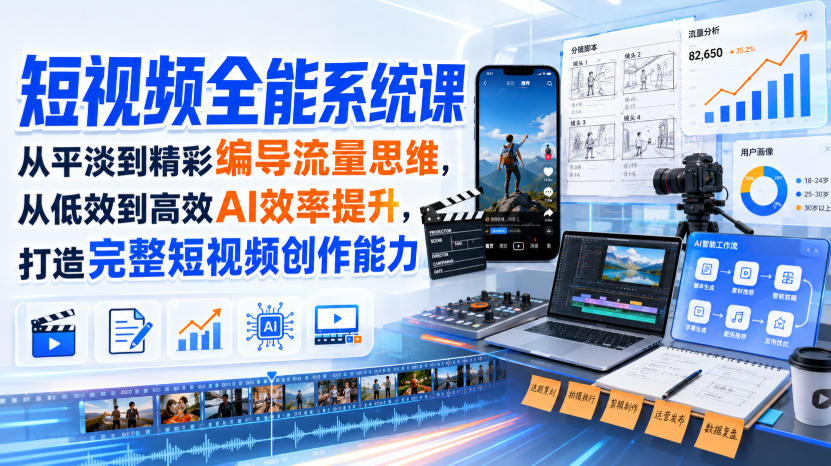 短视频全能系统课，从平淡到精彩编导流量思维，从低效到高效AI效率提升，打造完整短视频创作能力(2026年8月30更新233集)-精品虚拟资源库