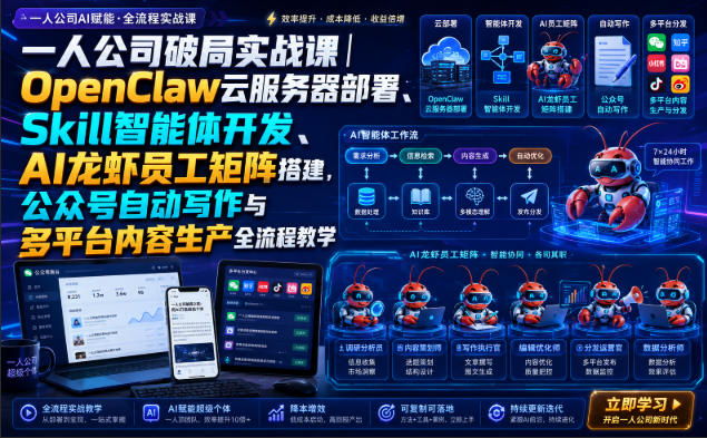 一人公司破局实战课｜OpenClaw云服务器部署、Skill智能体开发、AI龙虾员工矩阵搭建，公众号自动写作与多平台内容生产全流程教学-精品虚拟资源库