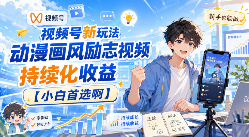 视频号新玩法动漫画风励志视频，持续化收益【小白首选啊】-精品虚拟资源库