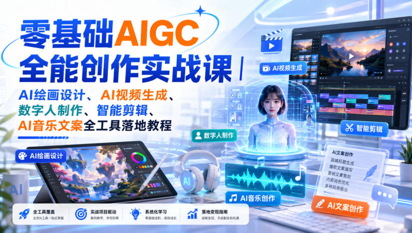 零基础AIGC全能创作实战课｜AI绘画设计、AI视频生成、数字人制作、智能剪辑、AI音乐文案全工具落地教程-精品虚拟资源库