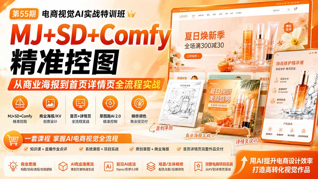 电商视觉 AI实战训练营第55期：MJ+SD+Comfy精准控图，从商业海报到首页详情页全流程实战-精品虚拟资源库
