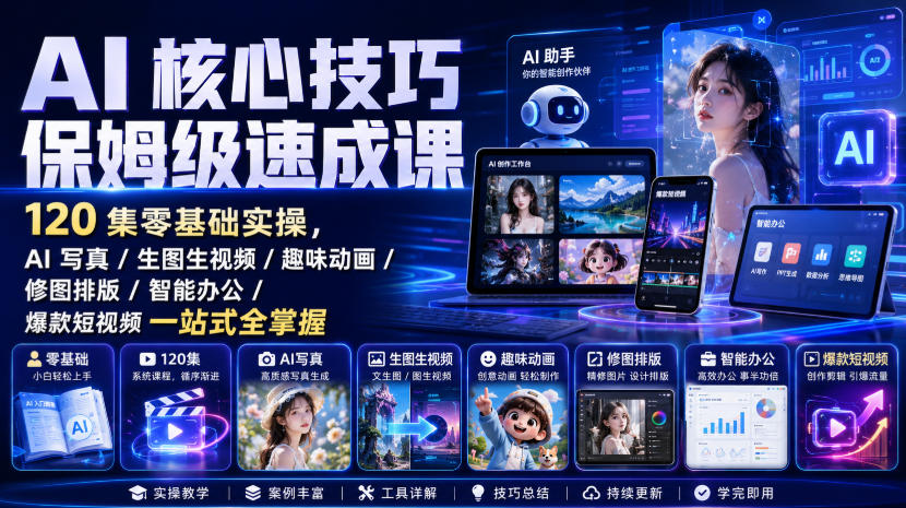 AI核心技巧保姆级速成课｜120集零基础实操，AI写真/生图生视频/趣味动画/修图排版/智能办公/爆款短视频一站式全掌握(更新)-精品虚拟资源库