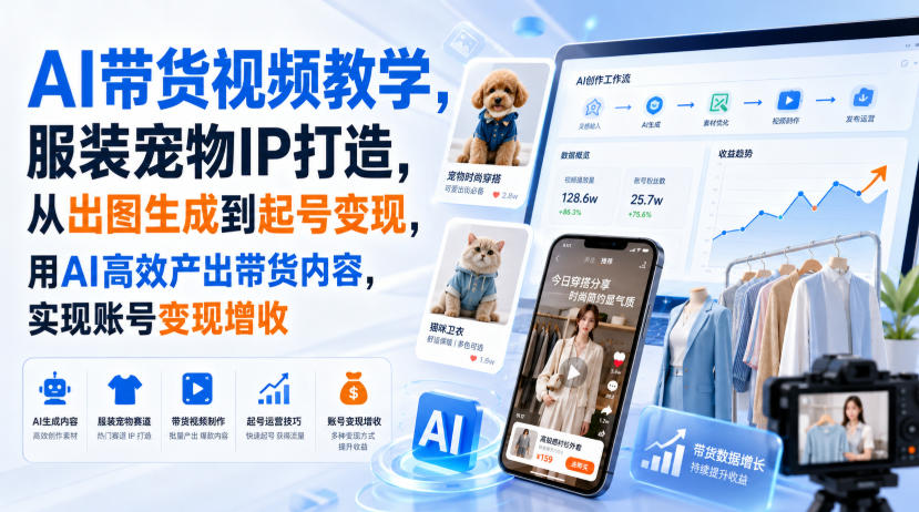 AI带货视频教学，服装宠物IP打造，从出图生成到起号变现，用AI高效产出带货内容，实现账号变现增收-精品虚拟资源库