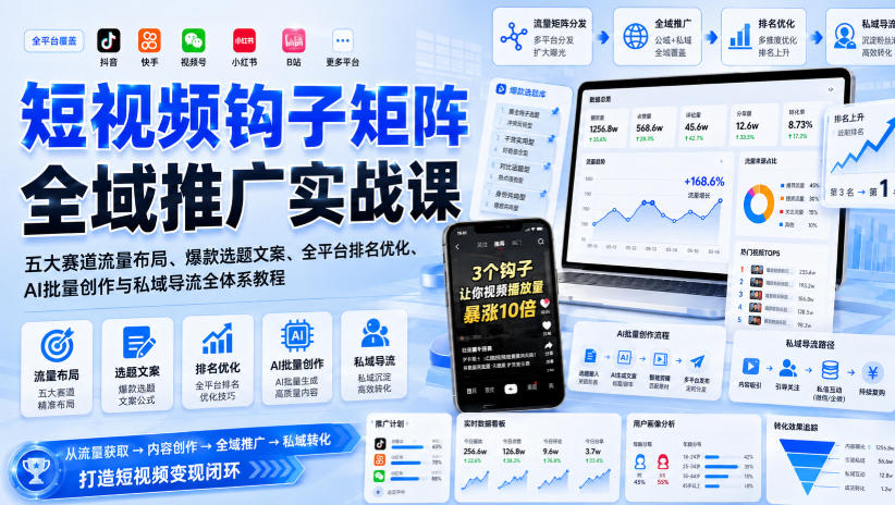 短视频钩子矩阵全域推广实战课｜五大赛道流量布局、爆款选题文案、全平台排名优化、AI批量创作与私域导流全体系教程-精品虚拟资源库
