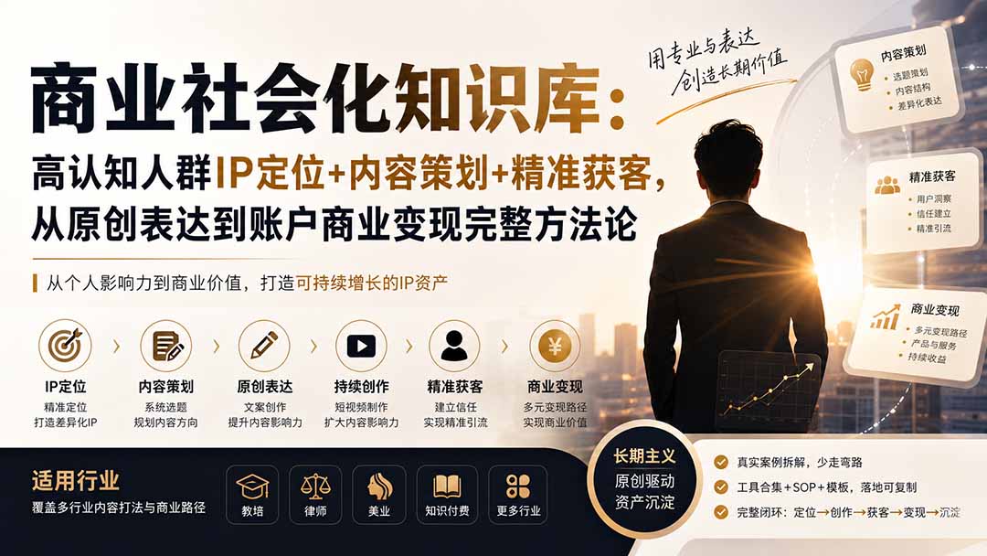 商业社会化知识库：高认知人群IP定位+内容策划+精准获客，从原创表达到账户商业变现完整方法论-精品虚拟资源库