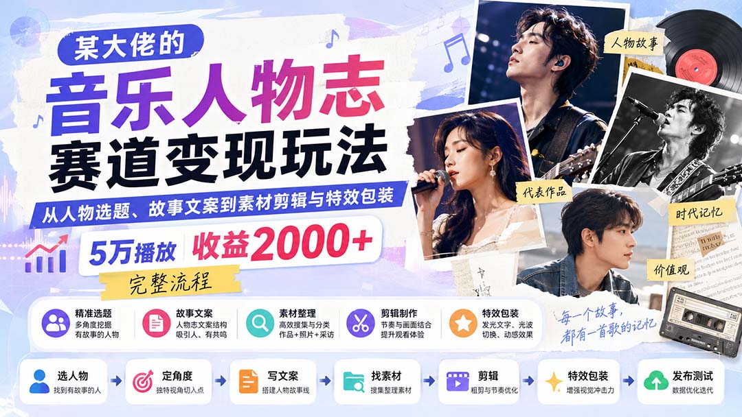 某大佬的音乐人物志赛道变现玩法：从人物选题、故事文案到素材剪辑与特效包装，5万播放收益2000+完整流程-精品虚拟资源库