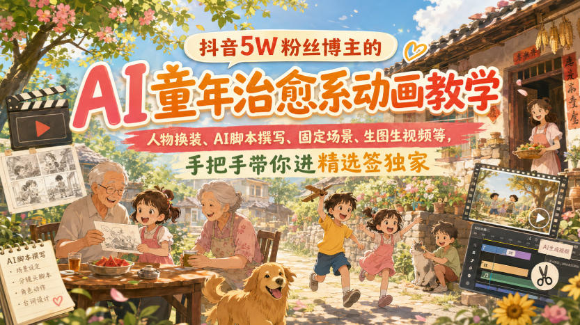 抖音5W粉丝博主的AI童年治愈系动画教学,人物换装、AI脚本撰写、固定场景、生图生视频等,手把手带你进精选签独家-精品虚拟资源库