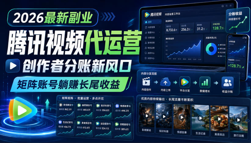 2026最新副业之腾讯视频代运营：创作者分账新风口，矩阵账号躺賺长尾收益【揭秘】-精品虚拟资源库