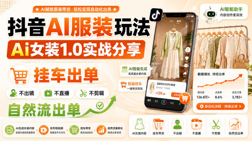 抖音AI服装玩法，Ai女装1.0实战分享，挂车出单，不出镜，不直播，不剪辑，自然流出单-精品虚拟资源库