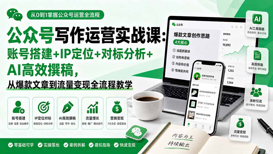 公众号写作运营实战课：账号搭建+IP定位+对标分析+AI高效撰稿，从爆款文章到流量变现全流程教学-精品虚拟资源库