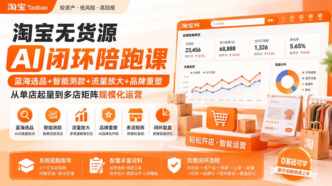 淘宝无货源AI闭环陪跑课：蓝海选品+智能测款+流量放大+品牌重塑，从单店起量到多店矩阵规模化运营-精品虚拟资源库