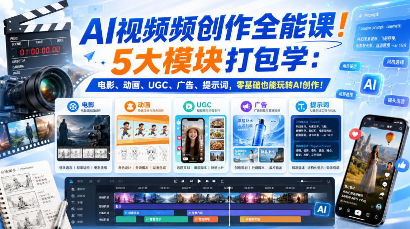 AI视频频创作全能课！5大模块打包学：电影、动画、UGC、广告、提示词，零基础也能玩转AI创作！【原创双语字幕】-精品虚拟资源库