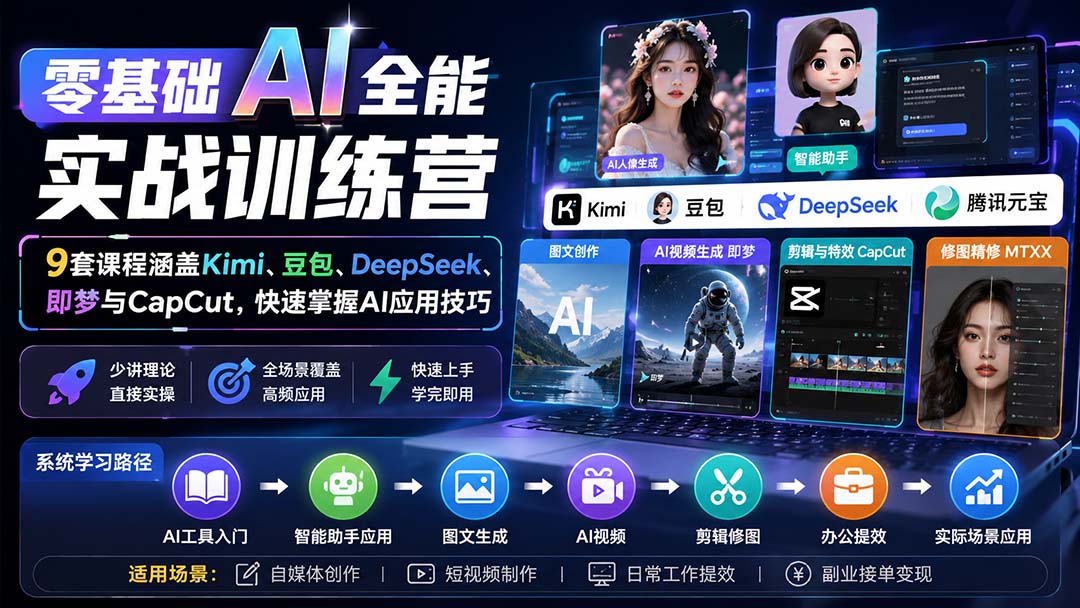 零基础AI全能实战训练营:9套课程涵盖Kimi、豆包、DeepSeek、即梦与CapCut,快速掌握AI应用技巧-精品虚拟资源库