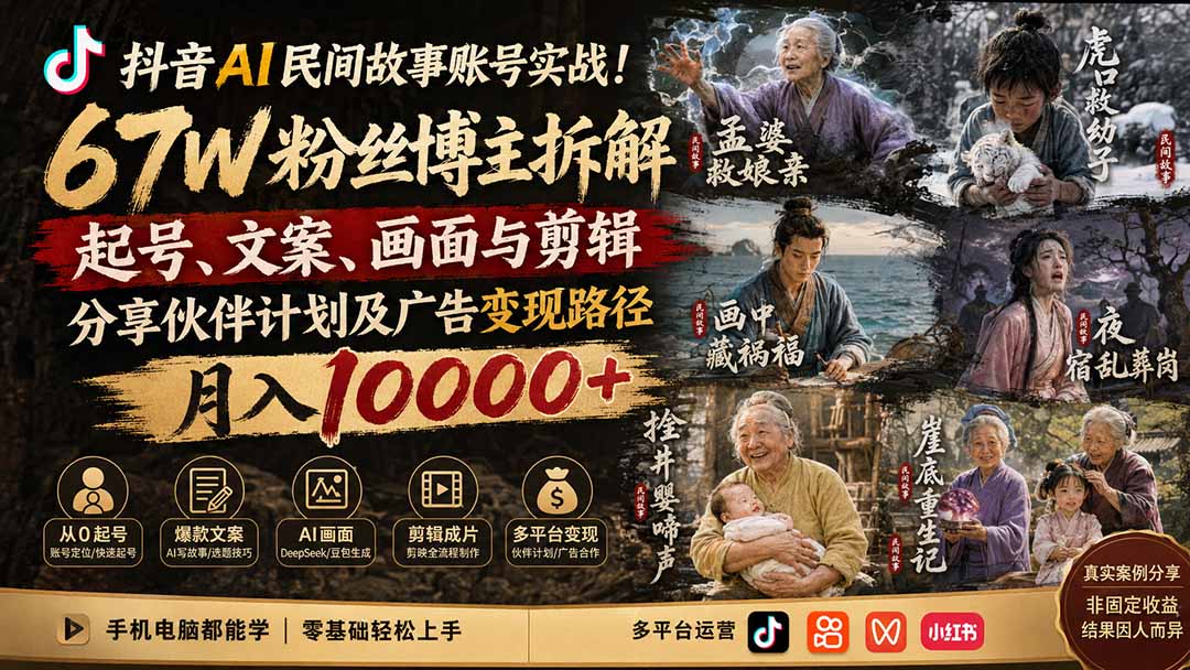 抖音AI民间故事账号实战！67W粉丝博主拆解起号、文案、画面与剪辑，分享伙伴计划及广告变现路径，月入10000+-精品虚拟资源库