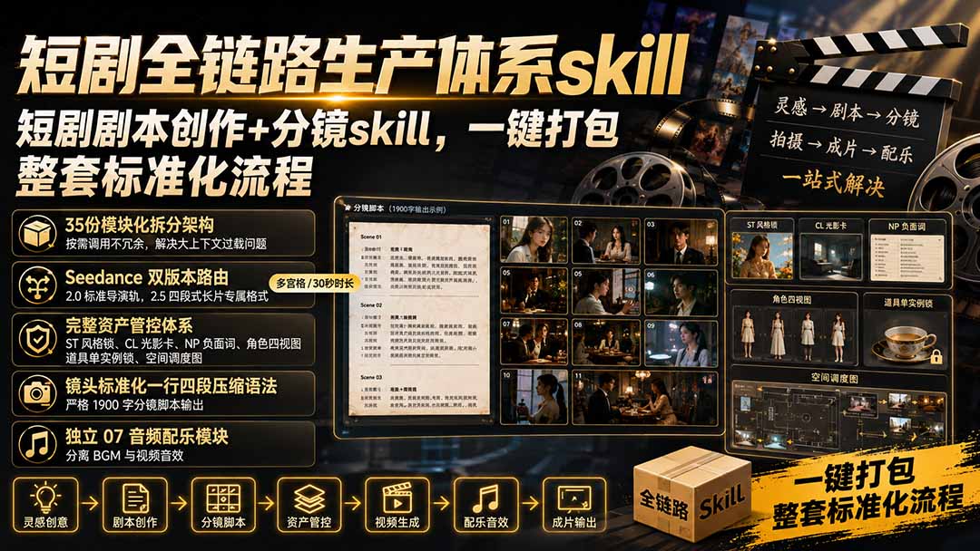 短剧全链路生产体系skill，短剧剧本创作+分镜skill，一键打包，整套标准化流程-精品虚拟资源库