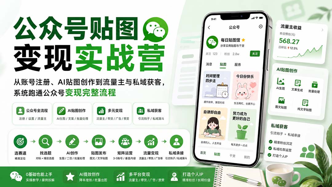 公众号贴图变现实战营：从账号注册、AI贴图创作到流量主与私域获客，系统跑通公众号变现完整流程-精品虚拟资源库