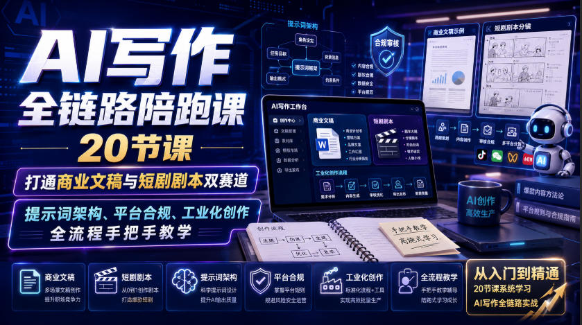 AI写作全链路陪跑课｜20节课打通商业文稿与短剧剧本双赛道，提示词架构、平台合规、工业化创作全流程手把手教学-精品虚拟资源库