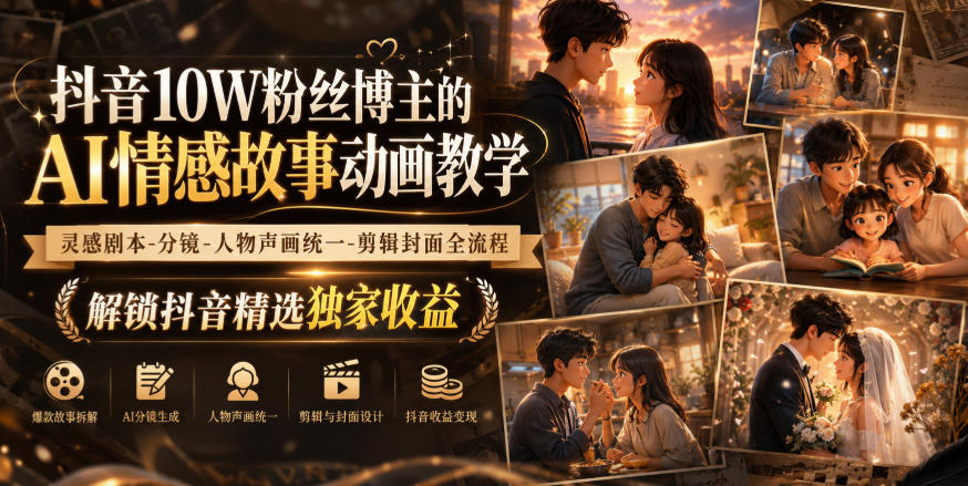 抖音10W粉丝博主的AI情感故事动画教学，灵感剧本‑分镜‑人物声画统一‑剪辑封面全流程，解锁抖音精选独家收益-精品虚拟资源库