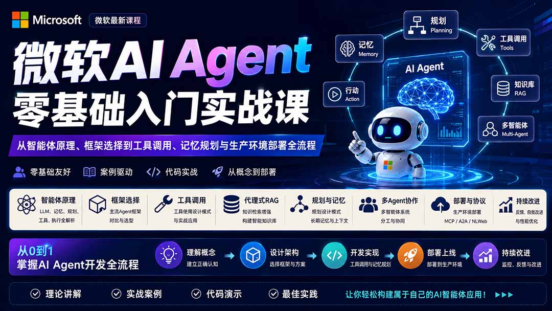 微软AI Agent零基础入门实战课：从智能体原理、框架选择到工具调用、记忆规划与生产环境部署全流程-精品虚拟资源库