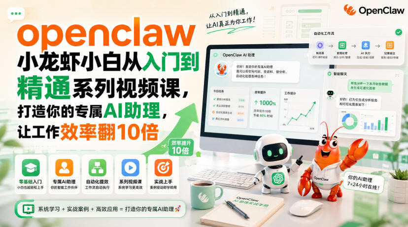 openclaw小龙虾小白从入门到精通系列视频课，打造你的专属AI助理，让工作效率翻10倍-精品虚拟资源库