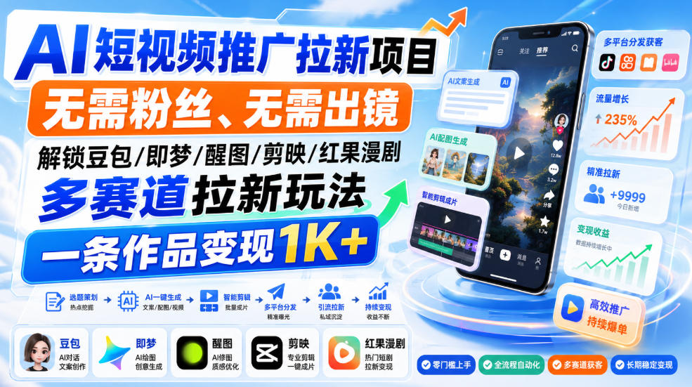 AI短视频推广拉新项目，无需粉丝、无需出镜，解锁豆包/即梦/醒图/剪映/红果漫剧多赛道拉新玩法，一条作品变现1K+-精品虚拟资源库