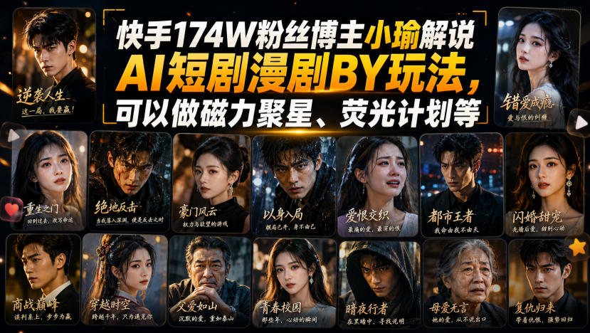 快手174W粉丝博主小瑜解说AI短剧漫剧搬运玩法，可以做磁力聚星、荧光计划等-精品虚拟资源库
