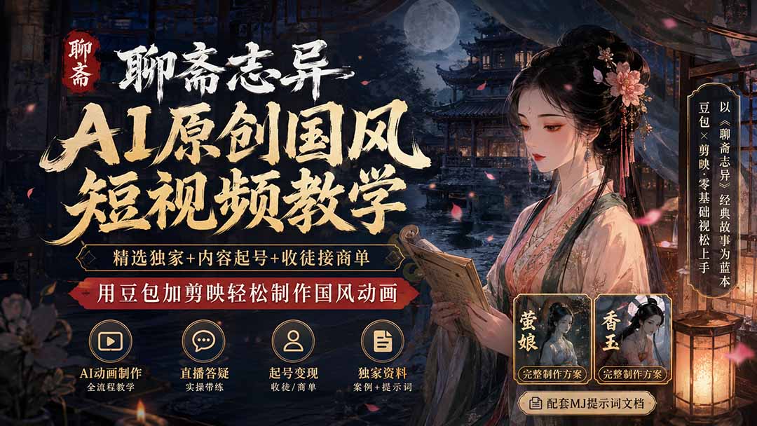 聊斋志异AI原创国风短视频教学；精选独家+内容起号+收徒接商单，用豆包加剪映轻松制作国风动画-精品虚拟资源库