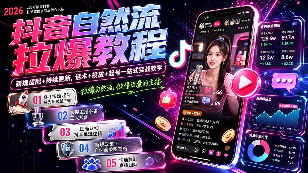 抖音自然流拉爆教程-更新8月：做懂流量的主播，新规适配+持续更新，话术+投放+起号一站式实战教学-精品虚拟资源库