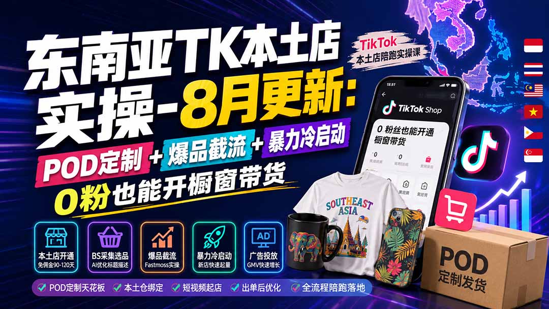 东南亚TK本土店实操-8月更新：POD定制+爆品截流+暴力冷启动，0粉也能开橱窗带货-精品虚拟资源库
