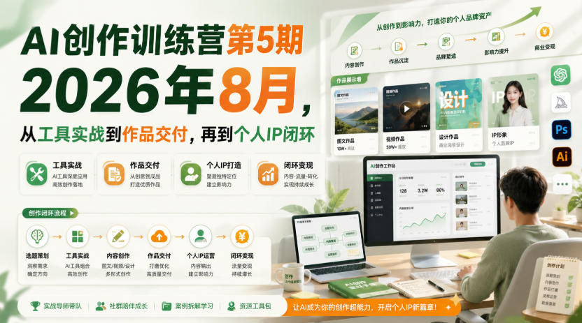 AI创作训练营第5期2026年8月,从工具实战到作品交付,再到个人IP闭环-精品虚拟资源库