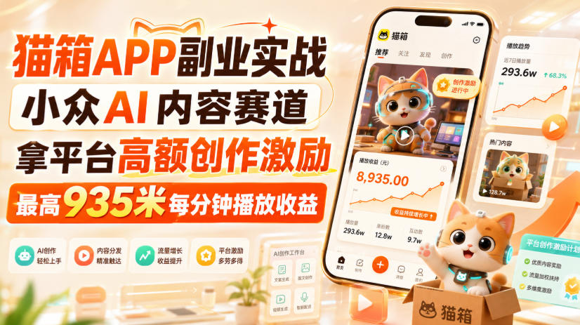 猫箱APP副业实战，小众AI内容赛道，拿平台高额创作激励，最高935米每分钟播放收益-精品虚拟资源库