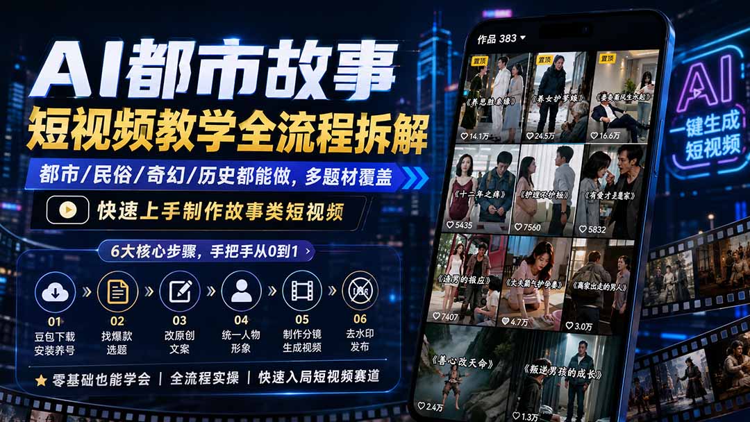 AI都市故事短视频教学全流程拆解；都市/民俗/奇幻/历史都能做多题材覆盖，快速上手制作故事类短视频-精品虚拟资源库