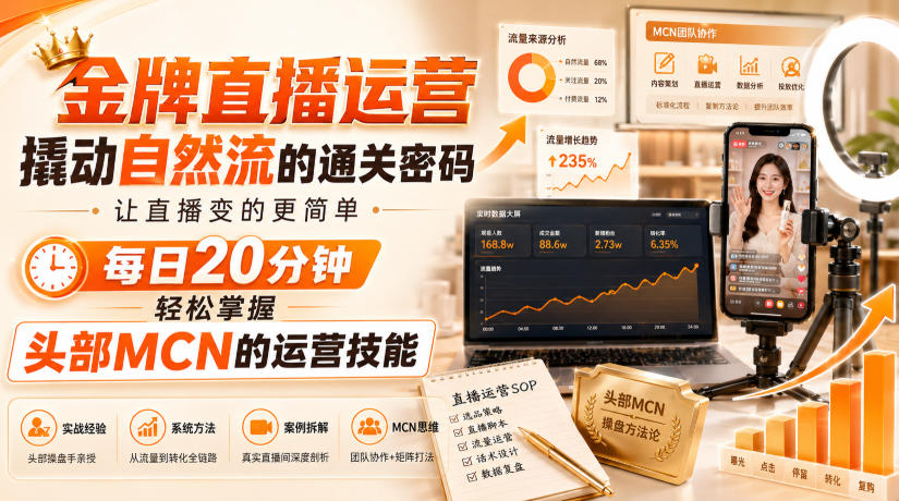 金牌直播运营撬动自然流的通关密码，让直播变的更简单，每日20分钟，轻松掌握头部MCN的运营技能-精品虚拟资源库