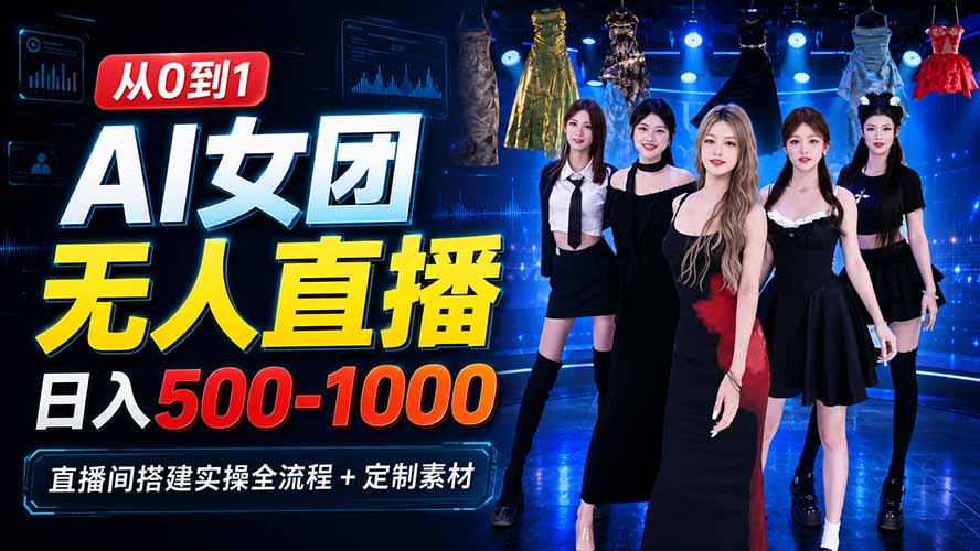 AI 女团无人直播，躺入500-1000每天，直播间搭建实操全流程+定制素材-精品虚拟资源库