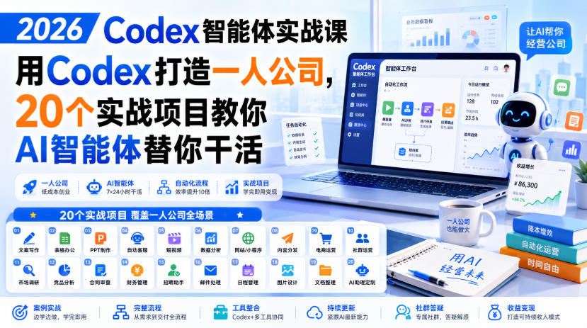 2026 Codex智能体实战课，用Codex打造一人公司，20个实战项目教你AI智能体替你干活-精品虚拟资源库