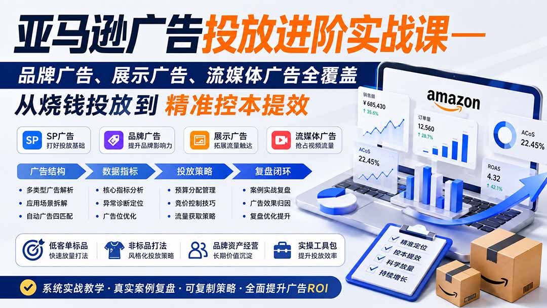 亚马逊广告投放进阶实战课——品牌广告、展示广告、流媒体广告全覆盖，从烧钱投放到精准控本提效-精品虚拟资源库
