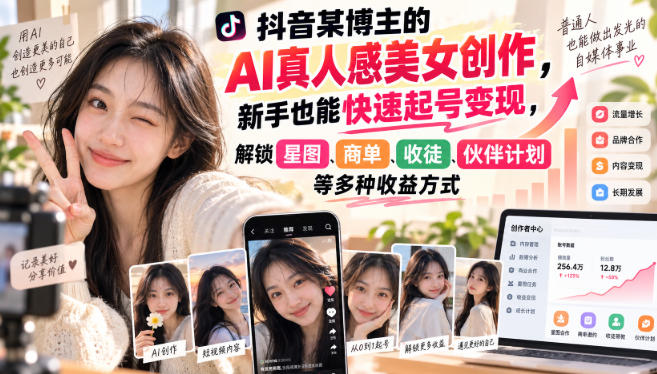 抖音某博主的AI真人感美女创作,新手也能快速起号变现,解锁星图,商单,收徒,伙伴计划等多种收益方式-精品虚拟资源库