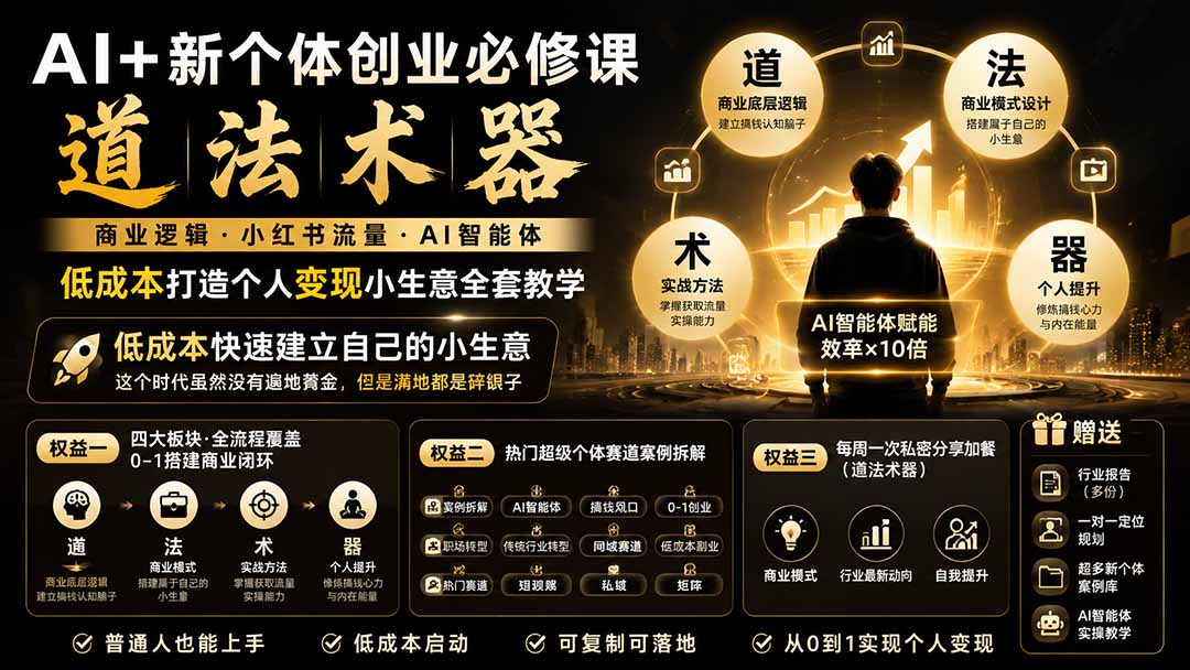 AI+新个体创业必修课-更新0922｜道法术器｜商业逻辑·小红书流量·AI智能体｜低成本打造个人变现小生意全套教学-精品虚拟资源库