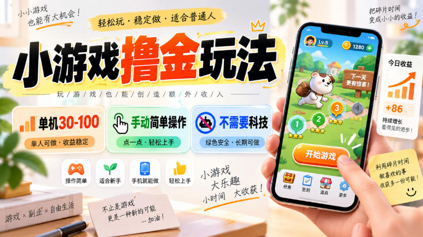 小游戏撸金玩法，单机30-100，手动简单操作，不需要科技-精品虚拟资源库