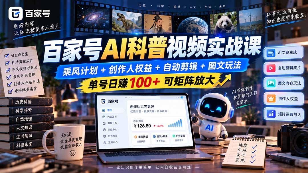 百家号AI科普视频实战课：乘风计划+创作人权益+自动剪辑+图文玩法，单号日赚100+可矩阵放大-精品虚拟资源库