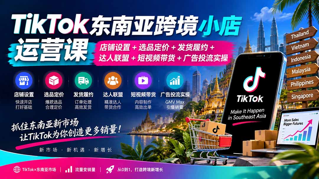 TikTok东南亚跨境小店运营课：店铺设置+选品定价+发货履约+达人联盟+短视频带货+广告投流实操-精品虚拟资源库