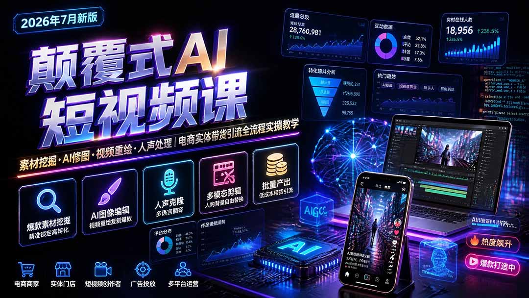 颠覆式AI短视频课-更新｜素材挖掘，AI修图，视频重绘，人声处理｜电商实体带货引流全流程实操教学-精品虚拟资源库